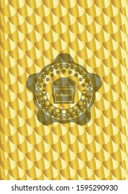 popcorn icon inside shiny golden emblem. Scales pattern. Vector Illustration. Detailed.