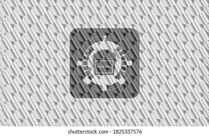 popcorn icon inside silver shiny emblem. Scales pattern. Vector Illustration. Detailed. 