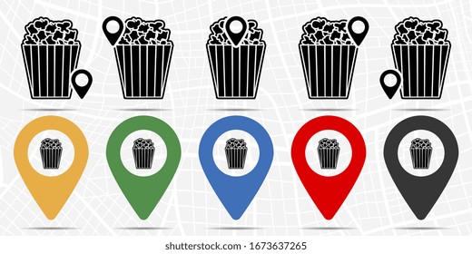 Popcorn icon in location set. Simple glyph, flat illustration element of amusement theme icons