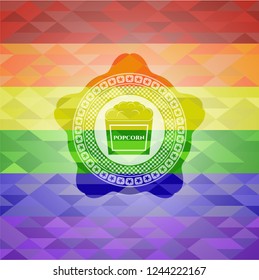 popcorn icon on mosaic background with the colors of the LGBT flag