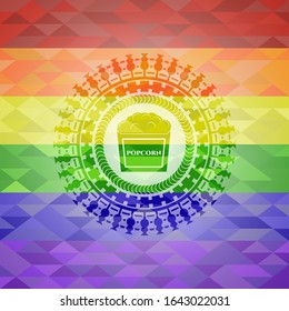 popcorn icon on mosaic background with the colors of the LGBT flag