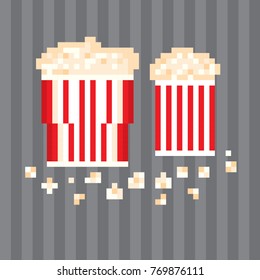 Popcorn icon. Pixel art. Old school computer graphic style. Games elements.