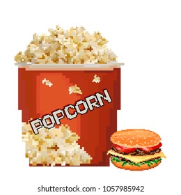 Popcorn icon. Pixel art style. Fast food at the cinema. 8-bit. Isolated vector illustration. Old school computer graphic style. Games elements.