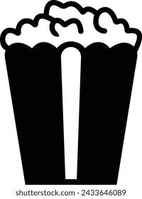 Icono de palomitas. Pop maíz, cubo, caja. Concepto de cine. El icono vectorial se puede utilizar para ver películas, comida para llevar, aperitivos, plantillas de símbolos para diseño gráfico y web, aislado sobre fondo transparente.
