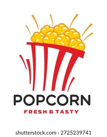 Icono de palomitas, etiqueta de Vector de maíz pop. Insignia de merienda de película con granos de maíz reventados. Icono del cine retro con la tipografía y el cubo del bocado del vintage para la marca del cine, etiquetas de la comida