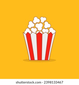 Popcorn icon. Red white red strip box. Contour line doodle. Cinema movie night. Pop corn food. Cute movie cinema banner decoration template. Flat design style. Isolated. Yellow background. Vector