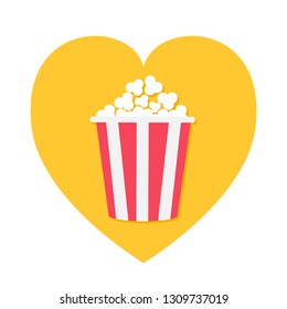 Popcorn icon. Red yellow strip box. Heart shape. I love movie cinema night. Tasty food. Flat design style. White background. Isolated. Vector illustration