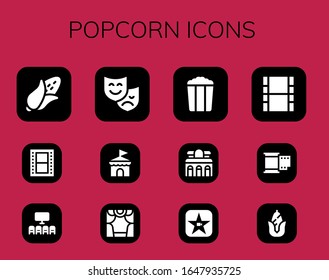 popcorn icon set. 12 filled popcorn icons. Included Corn, Film, Cinema, Theatre, Circus, Theater, Popcorn, Museum, Movie icons
