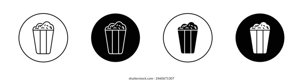 Popcorn icon set. cinema salty or sweet pop corn snack vector symbol in black filled and outlined style.