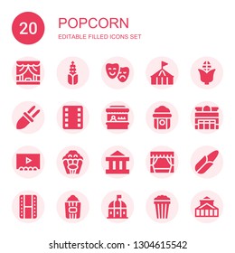 popcorn icon set. Collection of 20 filled popcorn icons included Theater, Corn, Circus, Film, Fairground, Popcorn, Cinema, Theatre