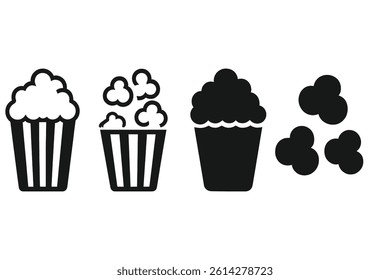 The popcorn icon set features black and white colors in a graphic vector icons pack