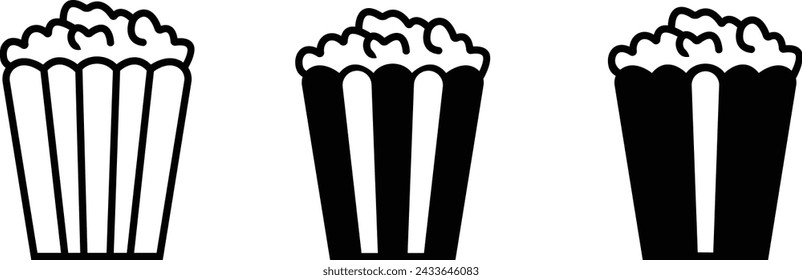 Popcorn icon set. Pop corn, bucket, box. Cinema concept. Vector icon can be used for watching movie takeaway food snack, symbol template for graphic and web design, isolated on transparent background.