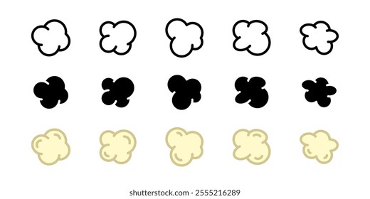 Popcorn icon set. Pop corn cooked seeds separated vector illustration collection. Popcorn single kernel. Cinema snack symbol. Isolated pop corn pictogram concept.