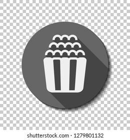 Popcorn icon, snack for movie, paper box of food. flat icon, long shadow, circle, transparent grid. Badge or sticker style