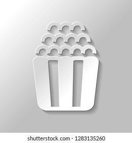 Popcorn icon, snack for movie, paper box of food. Paper style with shadow on gray background