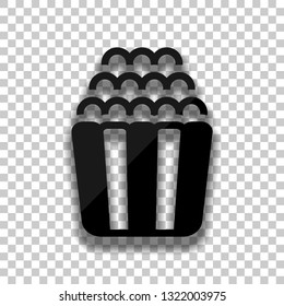 Popcorn icon, snack for movie, paper box of food. Black glass icon with soft shadow on transparent background