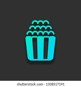 Popcorn icon, snack for movie, paper box of food. Colorful logo concept with soft shadow on dark background. Icon color of azure ocean