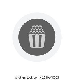 Popcorn icon, snack for movie, paper box of food. Icon in colored circle with gray bold border. Web button, modern flat design