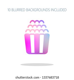 Popcorn icon, snack for movie, paper box of food. Colorful logo concept with simple shadow on white. 10 different blurred backgrounds included