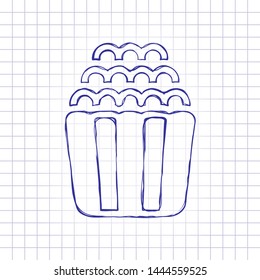 Popcorn icon, snack for movie, paper box of food. Hand drawn picture on paper sheet. Blue ink, outline sketch style. Doodle on checkered background
