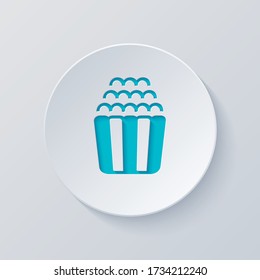 Popcorn icon, snack for movie, paper box of food. Cut circle with gray and blue layers. Paper style