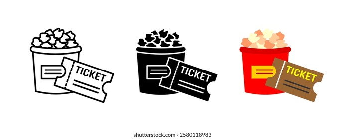 Icono de palomitas de maíz. Vector de cine de entradas. Ilustración de cine. Símbolo de película de entretenimiento. Diseño de comida de bocadillo de maíz pop de cine. Imagen de espectáculo de rendimiento. Gráfico de ocio de festival de eventos.