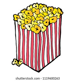 Popcorn icon. Vector illustration of popcorn in cardboard box. Hand drawn popcorn in a box.