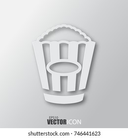 Popcorn icon in white style with shadow isolated on grey background. For your design, logo. Vector illustration.