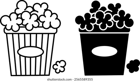 Popcorn Icons. Black and White Vector Illustrations. Sweet Puffed Corn in a Package. Tasty Food. Fast Food Concept