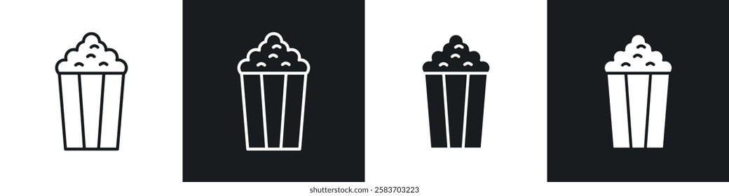 Popcorn icons collection in black and white filled and line versions