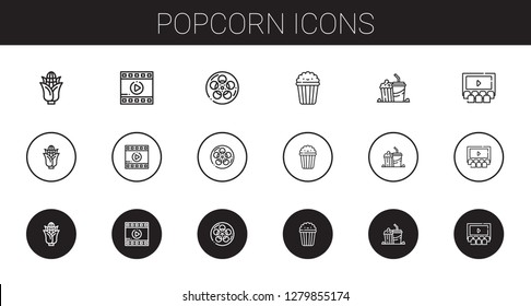 popcorn icons set. Collection of popcorn with corn, film, cinema. Editable and scalable popcorn icons.