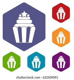 Popcorn icons set hexagon isolated vector illustration