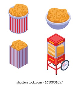 Popcorn icons set. Isometric set of popcorn vector icons for web design isolated on white background