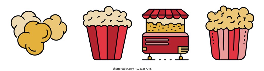 Popcorn icons set. Outline set of popcorn vector icons thin line color flat isolated on white