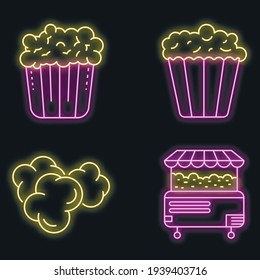 Iconos de palomitas. Conjunto de esquemas de iconos vectoriales de palomitas de neón color sobre negro