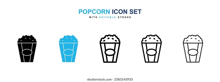 Popcorn icons vector collection in black and blue colors on white background