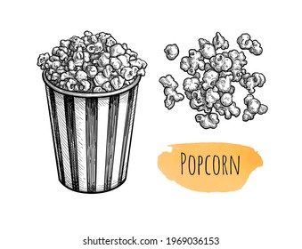 Popcorn. Ink sketch isolated on white background. Hand drawn vector illustration. Retro style.