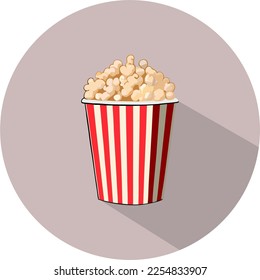 Popcorn isolated on background. Cinema icon in flat style. Snack food. Big red white strip box. Vector stock