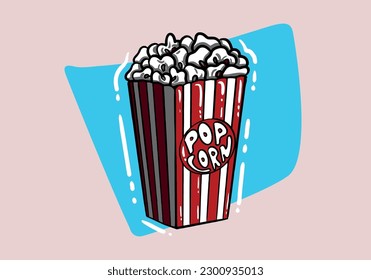 Popcorn isolated on background. Cinema icon in flat style. Snack food. Big red white strip box. Vector stock