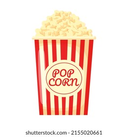 Popcorn isolated on white background. Cinema icon in flat style. Snack food. Big red white stripe box. Vector illustration
