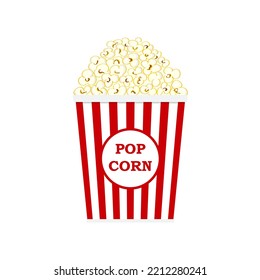Popcorn isolated on white background. Cinema icon in flat style. Snack food. Big red white strip box. Vector illustration eps10