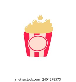 Popcorn isolated on white background. Snack food icon in flat style. Big red white strip box. Vector Illustration