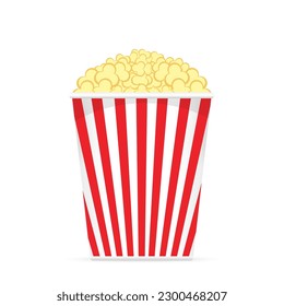 Popcorn aislado de fondo amarillo. Icono de cine de estilo plano. Comida de aperitivos. Gran tira blanca roja. Diseño de empaquetado de palomitas. Ilustración del vector