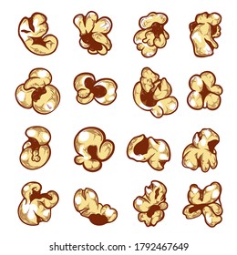 Popcorn kernels hand drawn set. Salty, sweet, fluffy cooked maize seeds. Cinema fast food. Vector popcorn sketch collection isolated on white, design elements for wrapping paper, disposable packaging.