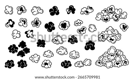 Popcorn kernels icon set, black and white vector snack symbols for cinema, movie, and entertainment themes
