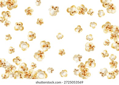 Popcornkerne in verschiedenen Stadien der Blüte. Vektordesign. Anwendbar für Verzierungen der Speisekarte. Einzelne Popcornstücke werden zufällig angeordnet.