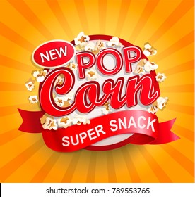 Popcorn label, symbol or sign on sunburst background. Vector illustration of super snack for your design.