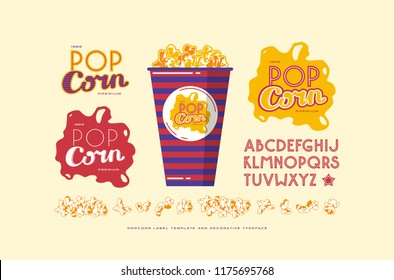 Popcorn label template and decorative sans serif typeface. Color print on light background