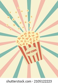 Palomitas de maíz. Una gran caja de rayas rojas y blancas. Icono de una película nocturna en un cine. Comida de palomitas. Diseño plano. Fondo azul. Aislado. Ilustración del vector