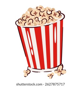 Popcorn in large red and white striped bucket, classic snack for movies, cinema, or parties. Cartoon doodle style for food, entertainment, or fast food design. Vector illustration.